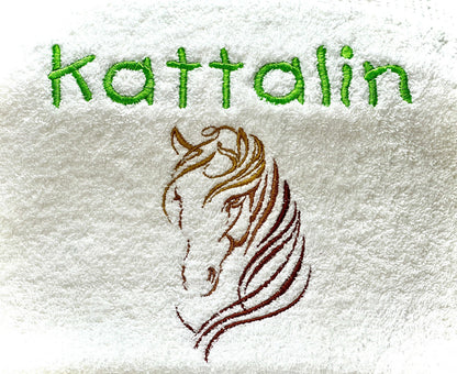 Pferdekopf Handtuch mit Name Sauna Wellness Duschtuch Saunatuch Geschenk Kinder