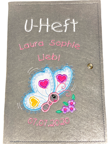 U-Heft Hülle mit Name und Geburtsdatum, Schmetterling, Geschenk fürs Baby