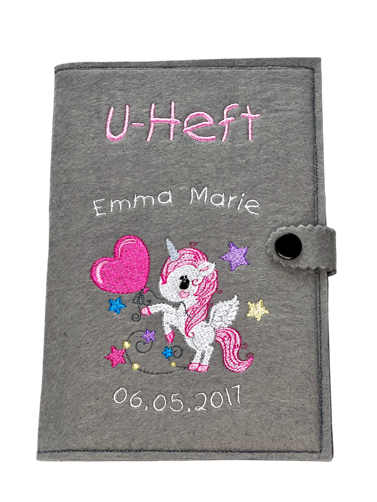 U-Heft Hülle mit Name und Geburtsdatum bestickt, Einhorn, Geschenk fürs Baby