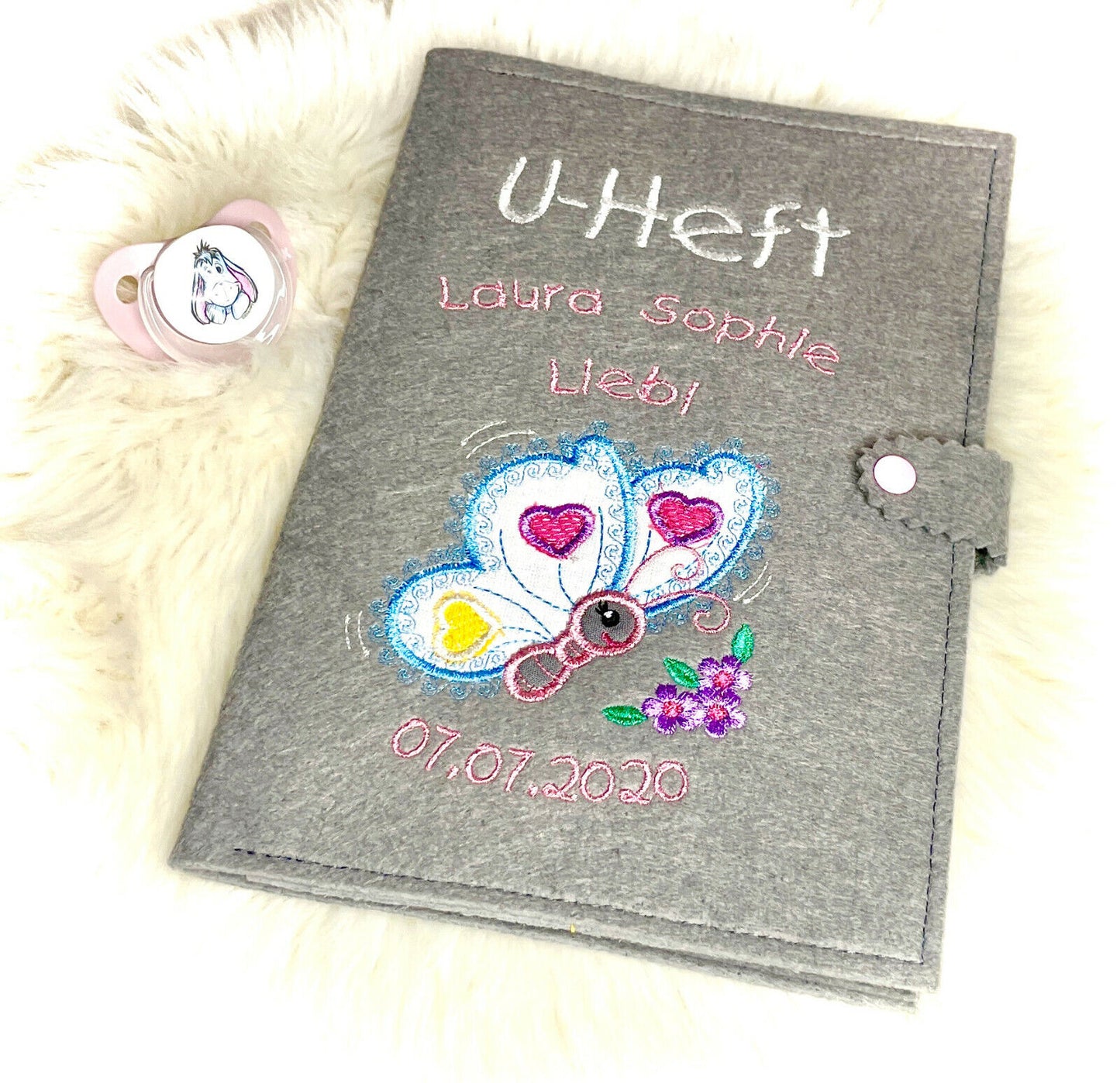 U-Heft Hülle mit Name und Geburtsdatum, Schmetterling, Geschenk fürs Baby