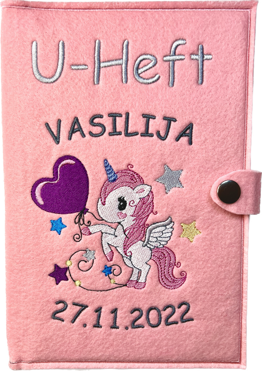 U-Heft Hülle mit Name und Geburtsdatum, Einhorn, Geschenk fürs Baby