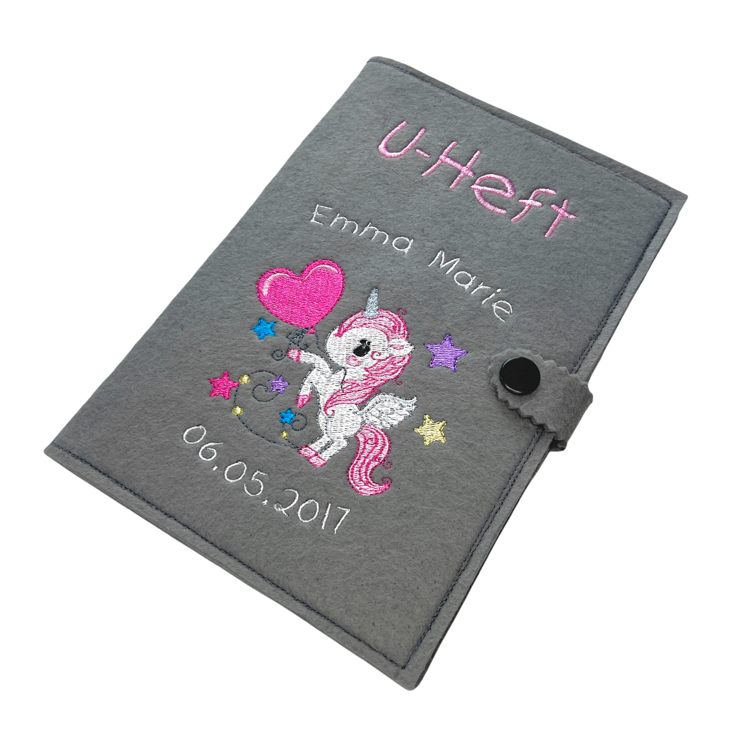 U-Heft Hülle mit Name und Geburtsdatum bestickt, Einhorn, Geschenk fürs Baby